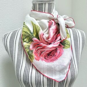 Vintage 1950s Rose Floral Scarf Silk Hand Rolled Edge